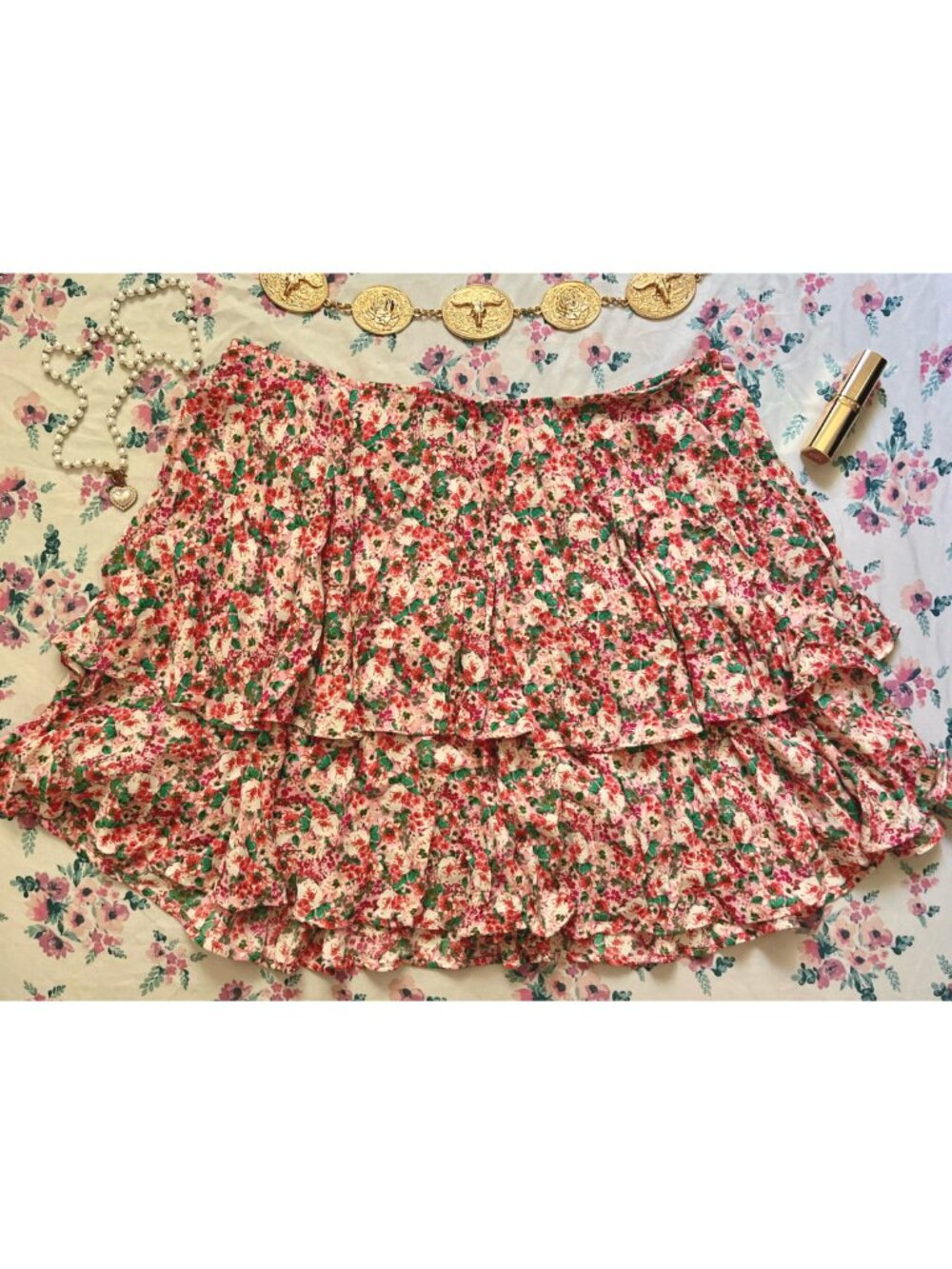 Floral Red Pink Cream Green Skirt w/ Layers